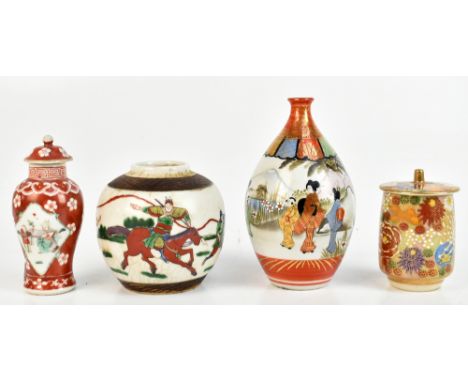 A Japanese Satsuma lidded preserve jar decorated in enamels with floral sprays, height 9.5cm, a Kutani vase, height 15cm, a C