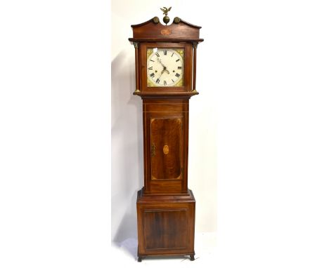 A 19th century oak cased longcase clock, the painted dial set with Roman numerals and subsidiary date dial, raised on inlaid 