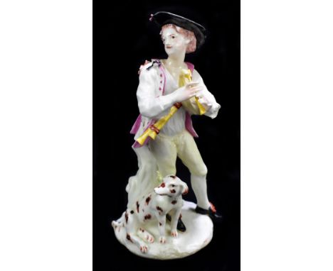 DERBY; an 18th century figure of a gentleman playing the bagpipes with hound at his feet, height 18.5cm.Provenance: D.M.& P M