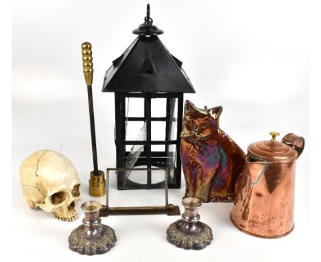 A group of collectors' items including a glazed black painted lantern, height 49cm, a resin skull, a lustre glazed fireside c