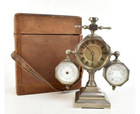 An unusual late 19th century French combination clock, barometer, thermometer and compass, in chromed case and complete with 