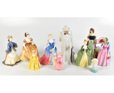 ROYAL DOULTON; four figures to include HN3756 'Pamela', HN1402 'Miss Demure', together with three Royal Worcester figures to 
