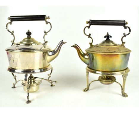 JAMES DIXON &amp; SONS; a silver plated spirit kettle on stand with ebonised handle, height 28cm, together with a similar sma