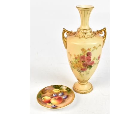 ROYAL WORCESTER; a blush ivory twin handled vase with floral decoration, green printed marks and date 1920 to underside, heig