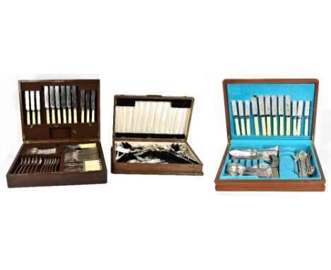 MAPPIN &amp; WEBB; an oak cased silver plated sixty piece canteen of cutlery and two further canteens in associated cases (3)