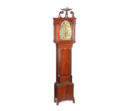 MAHOGANY LONGCASE CLOCK WITH BRASS MOON ROLLER DIAL OF 13 X 13 INCHES.JAMES WILSON, BELFAST.222 ENGRAVED TO BACK RING OF DIAL