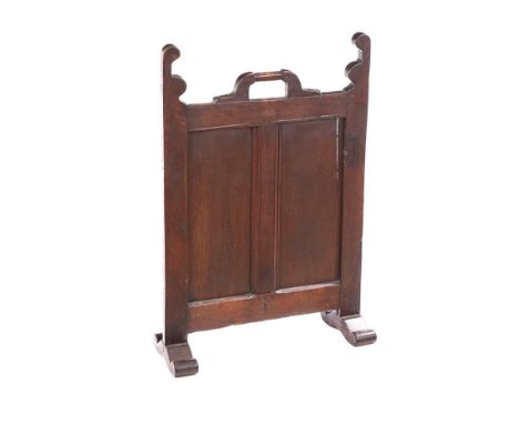 ANTIQUE OAK FIRESCREEN WITH TURNED HANDLE.RAISED ON FOUR SPLAYED LEGS. HEIGHT: 33 INCHES.WIDTH: 22 INCHES.DEPTH: 9 INCHES.IN 
