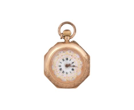 A 14K GOLD AND ENAMEL OPEN FACE POCKET WATCHEnamel back case.Year: Circa 1900'sDial: Pink porcelain, black Roman numerals, gi