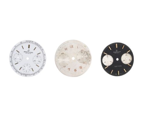 3 BREITLING DIALS. A silver dial (30.75mm), white dial (31mm), black dial for Top Time (27.9mm)