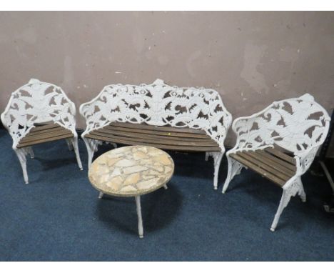 A COALBROOKDALE STYLE 'LILY OF THE VALLEY' GARDEN BENCH AND PAIR OF CHAIRS, and cast aluminium circular table, bench W 149 cm
