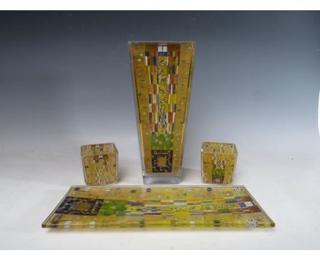 A GOEBEL ARTIS ORBIS GUSTAV KLIMT DESIGN ART GLASS VASE, H 25.5 cm, together with a rectangular glass trinket / pen tray, L 3