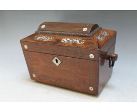 A TREEN INLAID TWO SECTION TEA CADDY, W 23 cm