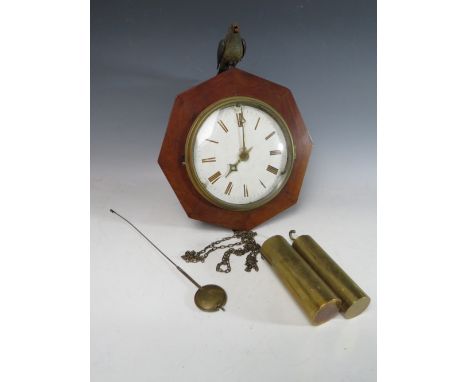 A 19TH CENTURY 8 DAY CUCKOO CLOCK, with brass weights and pendulum, the mahogany octagonal case with external cuckoo, convex 