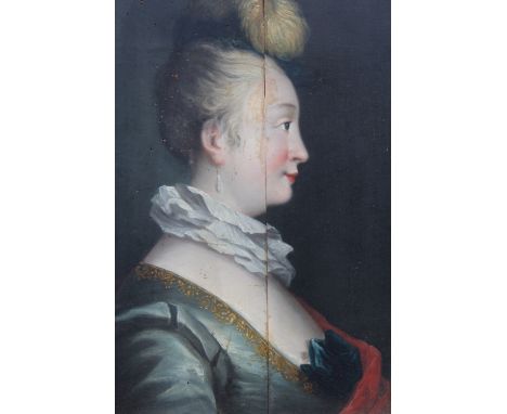 FOLLOWER OF ALEXIS GRIMOU (1678-1733). Portrait of a lady, bust length, in profile, oil on panel, framed, 47.5 x 35 cm