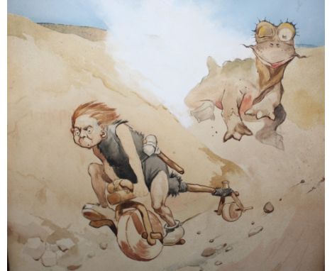 LAWSON WOOD (1878-1957). A set of four Prehistoric watercolours/pencil works to include 'The First Bicycle' and 'After Dinner