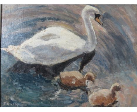 RONALD OSSORY DUNLOP (1894-1973). Impressionist study of a swan and two cygnets swimming, signed lower left, oil on board, fr