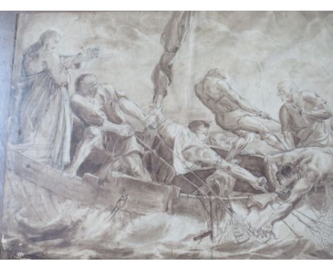 AN EARLY OLD MASTER STYLE STUDY OF FISHERMEN HAULING IN THEIR NETS WITH JESUS LOOKING ON, unsigned sepia watercolour on paper