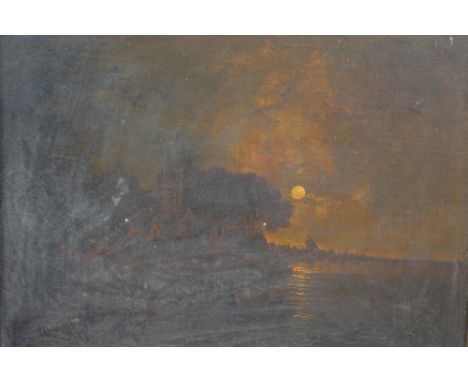 MANNER OF AERT VAN DER NEER (19TH CENTURY). A moonlit river estuary, oil on canvas, gilt framed, 24.5 x 29 cm