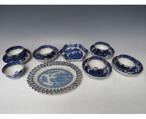 A SELECTION OF 18TH CENTURY AND LATER BLUE AND WHITE PORCELAIN, to include six tea bowls and five saucers, hexagonal shaped d