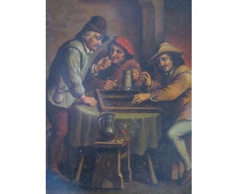 (XIX). Dutch school, an inn interior with figures playing backgammon, unsigned, oil on metal, framed, 20 x 15 cm