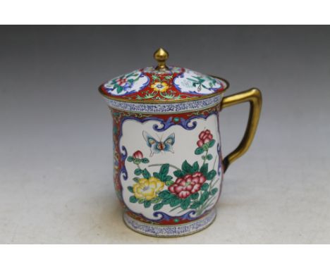 AN ORIENTAL STYLE ENAMEL CUP AND COVER, H 14 cm