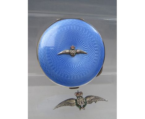 A HALLMARKED SILVER AND GUILLOCHE ENAMEL R.A.F. POWDER COMPACT, together with an RAF silver sweetheart brooch (2)