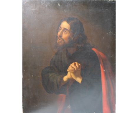 FOLLOWER OF GERRIT VAN HONTHORST (1590-1656). Christ kneeling with hands clasped, oil on canvas, unframed, 76 x 63 cm  A/FCon