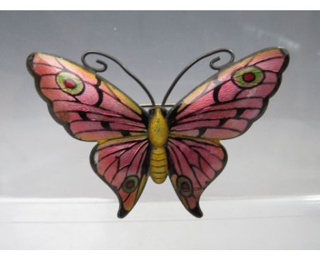 A STERLING SILVER AND ENAMEL BUTTERFLY BROOCH, makers mark to the reverse for JA&amp;S within a diamond and the numbers 2377,