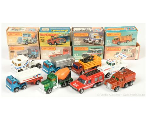 Matchbox Superfast Group of Mostly Commercial Vehicles Including 71c Dodge Cattle Truck - metallic bronze cab and chassis, da