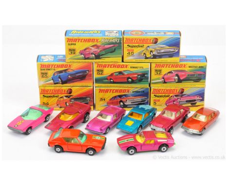 Matchbox Superfast group of early to mid 1970's issue Model cars. Including  (1) 5a Lotus Europa; (2) 32b Maserati Bora; (3) 