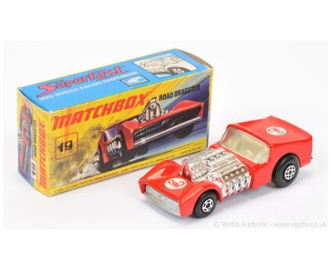 Matchbox Superfast 19b Road Dragster - red body with RARE SCORPION LABELS, bare metal base - Excellent with feint scratch to 