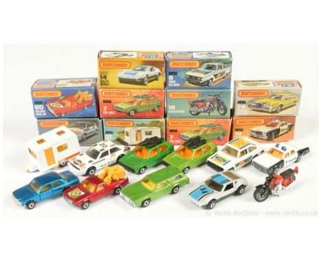 Matchbox Superfast group of mostly Cars including 2 x 7c Volkswagen Golf (1) metallic lime green body, amber windows yellow i