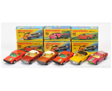 Matchbox Superfast group of 1970's issue cars. Including 3 x 6b Mercedes 350SL - all are pale yellow interior, bare metal bas