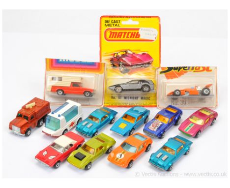 Matchbox Superfast group of mostly cars. Including 2 x 4c Pontiac Firebird with light amber windows; 10b Ford Mustang Piston 