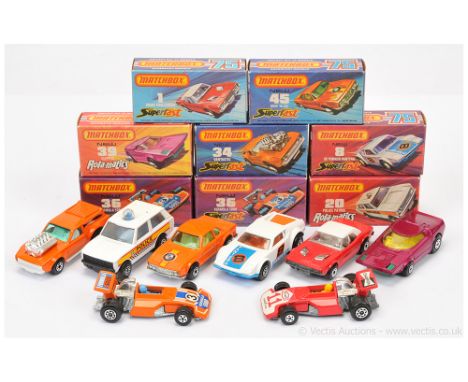 Matchbox Superfast Group of Mid 1970's Issue Cars. Including 1c Dodge Challenger; 8c De Tomaso Pantera with blue base (glue s