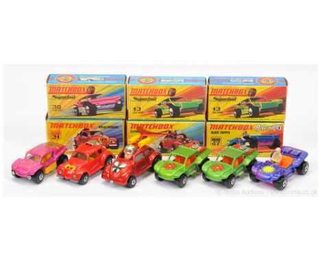 Matchbox Superfast Group of Early to Mid 1970's Issue Cars. (1) 11b Flying Bug VW Beetle Dragster - heart shaped hood label, 