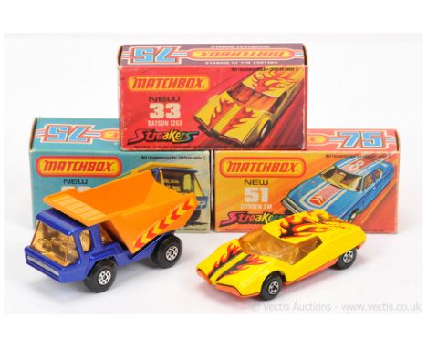 Matchbox Superfast group of  models in rare "Not recommended for children under 3" box text - (1) 23b Atlas Tipper Truck - me