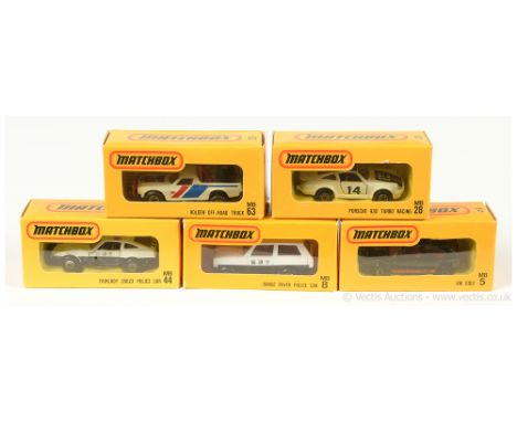 Matchbox Superfast a group of Japanese Market Issues. (1) MB5 7c VW Golf; (2) MB8 20b Range Rover Police Petrol - Red Spinner