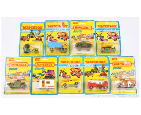 Matchbox Superfast group of 1970's issue Models. Including 12c Big Bull Bulldozer; 16a Badger Radar Truck; 21b Rod Roller; 28