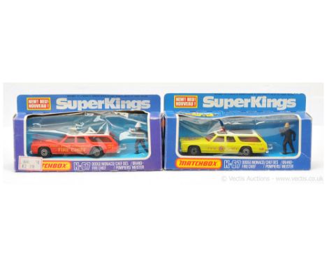 Matchbox Super Kings 2 x K67 Dodge Monaco Fire Chief Car - both are white roof, light amber windows, red interior, matt black