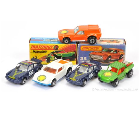 Matchbox Superfast group of models with RARE Sunburst hood labels (from 47b Beach Hopper) - (1) 8c De Tomaso Pantera with ora