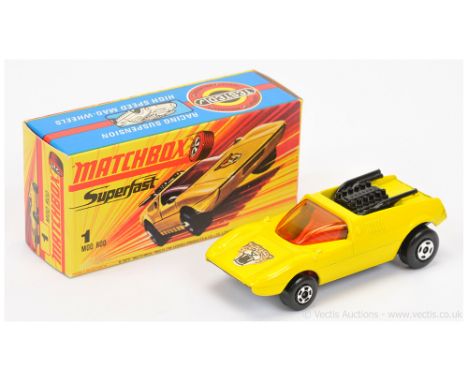 Matchbox Superfast 1b Mod Rod - lemon yellow body with spotted cat nose label, RARE RED INTERIOR, RARE BLACK ENGINE, bare met