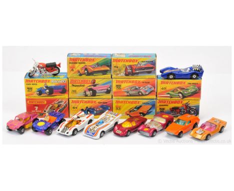 Matchbox Superfast group of Cars Including 4b Gruesome Twosome metallic dark gold body, purple windows, pale yellow interior,