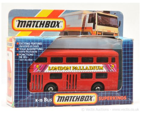 Matchbox Super Kings K15 Daimler Fleetline Londoner Bus With Factory Trial Labels "London Palladium" - red body with cast shu