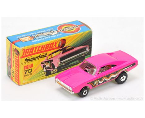 Matchbox Superfast 70b Dodge charger Dragster - dark pink body with light green snake label, pale yellow base, small diameter