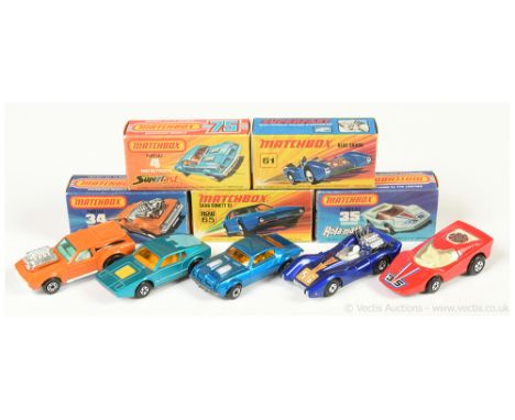 Matchbox Superfast group of early to mid 1970's issue cars Including (1) 4c Pontiac Firebird with metallic darker blue body (