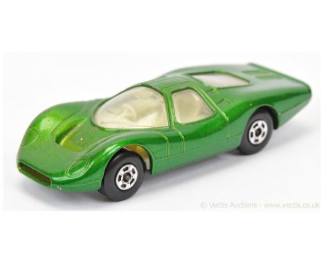 Matchbox Superfast 45a Ford Group 6 - metallic green body without nose label, clear windows, ivory interior, chrome engine, b