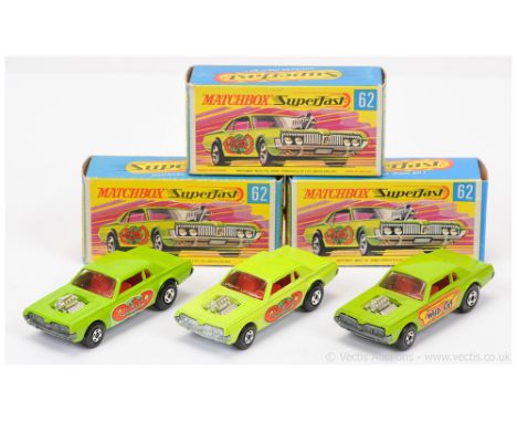 Matchbox Superfast 3 x 62b Mercury Cougar Rat Rod Dragster - all are bare metal base, 4-Spoke rear wheels - (1) light lime gr