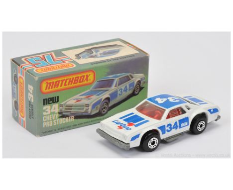 Matchbox Superfast 34c Chevy Pro Stocker - white body with blue racing number 34 tampo print, bare metal base, 5-crown front 