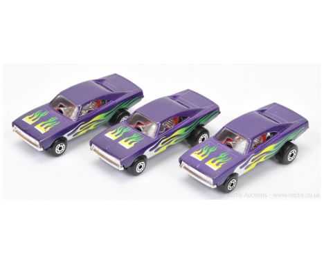 Matchbox Superfast 3 x 74d Orange Peel Dodge Charger Dragster - all are purple body with white/yellow/green flame Tampo Print